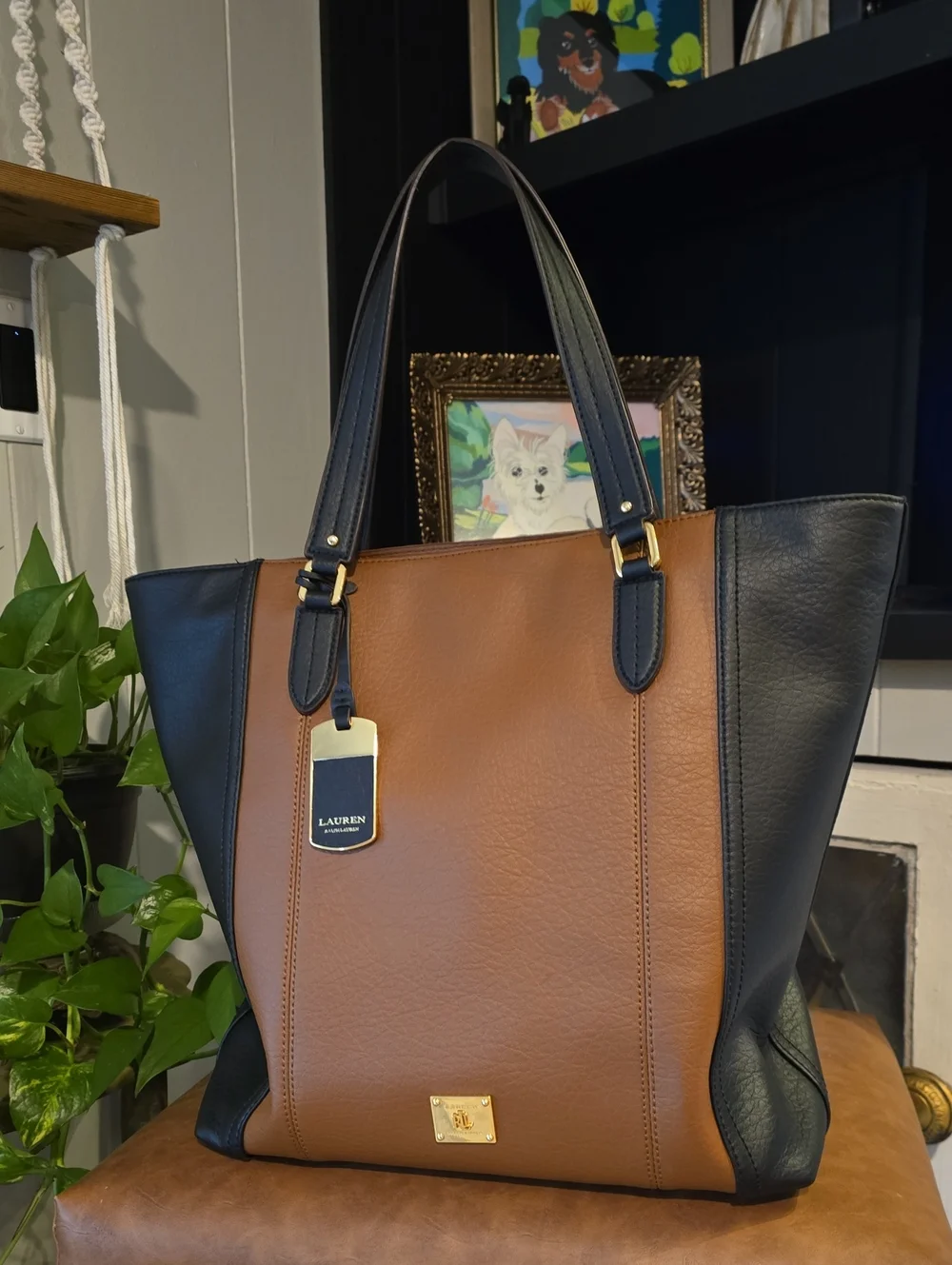 Lauren Ralph Lauren Brown and Black Leather Tote with Gold Hardware